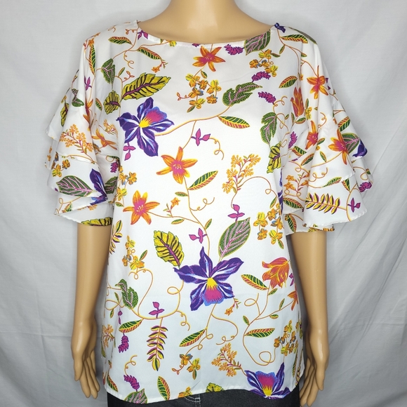 HARLOW & ROSE WHITE FLORAL PRINT RUFFLE SLEEVE BLOUSE EUC SMALL - Picture 1 of 8